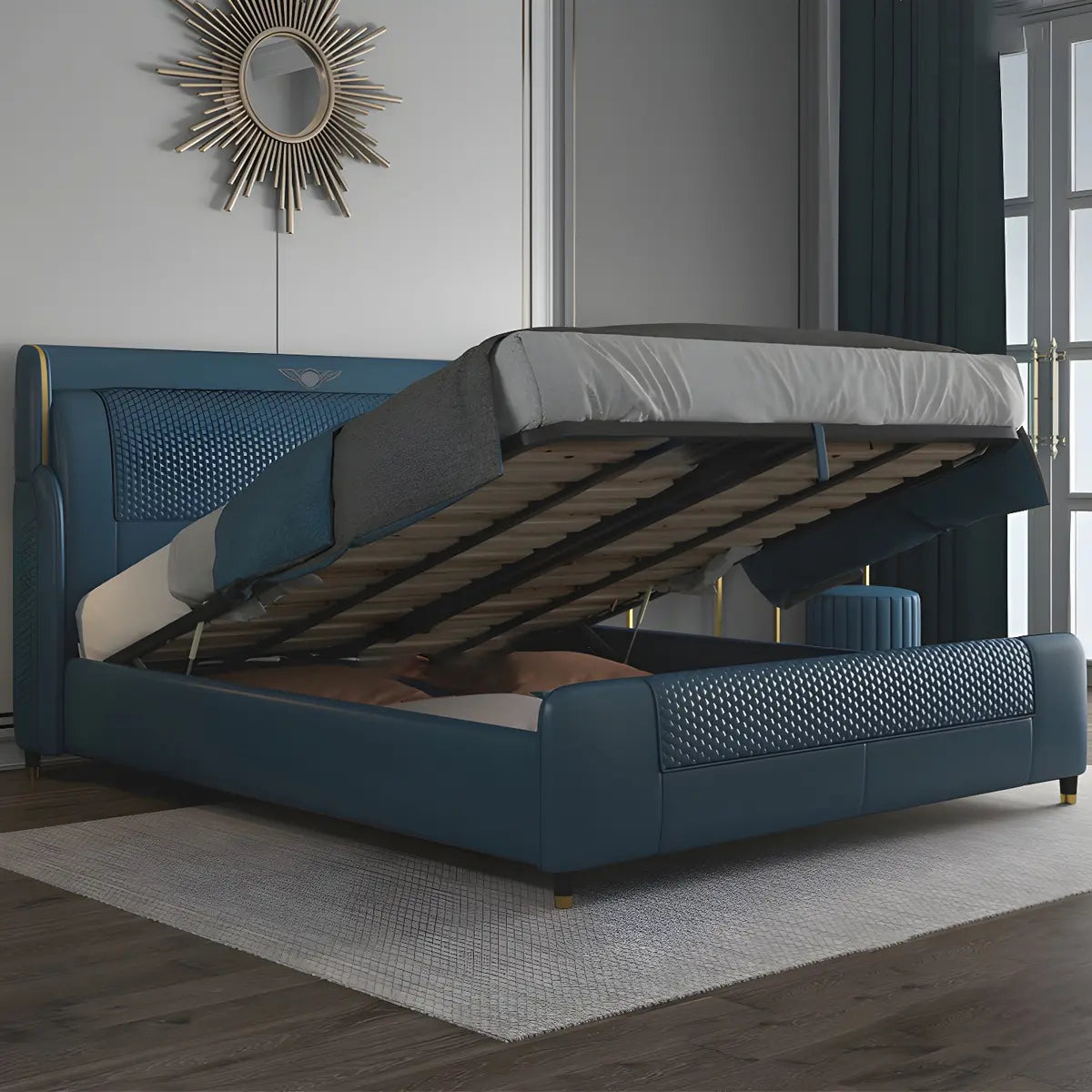 Blue King Wingback Genuine Leather Upholstered Bed Image - 3