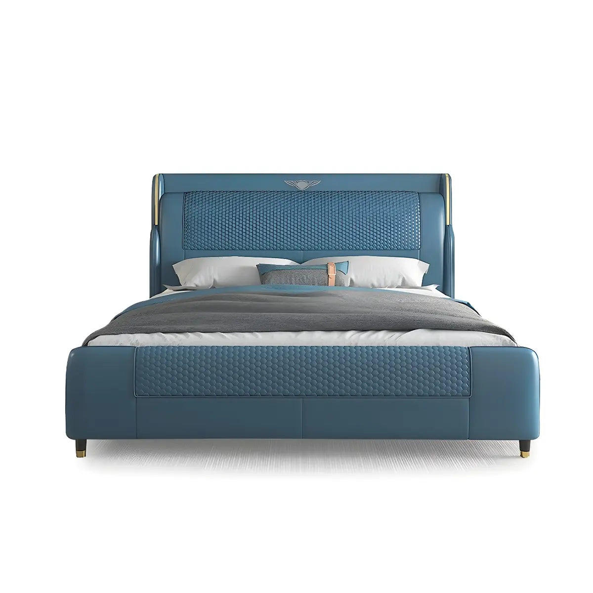 Blue King Wingback Genuine Leather Upholstered Bed Image - 5
