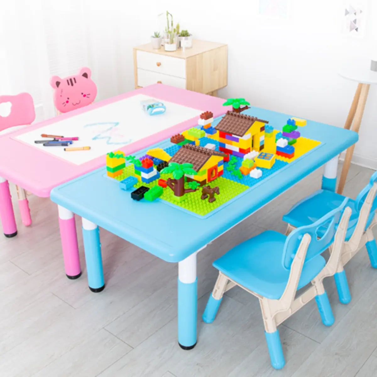 Blue Rectangular Toddler Building Block Table Chair Set Image - 4