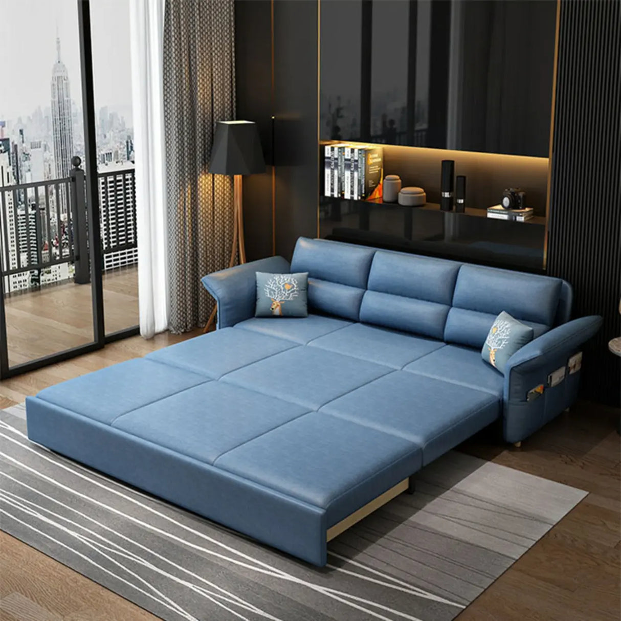 Blue Tech Cloth Flared Arm Cushion Back Storage Sleeper Image - 3