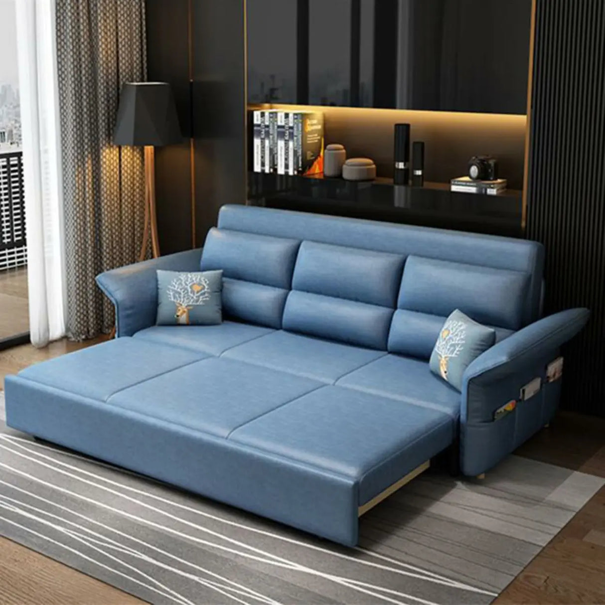 Blue Tech Cloth Flared Arm Cushion Back Storage Sleeper Image - 5