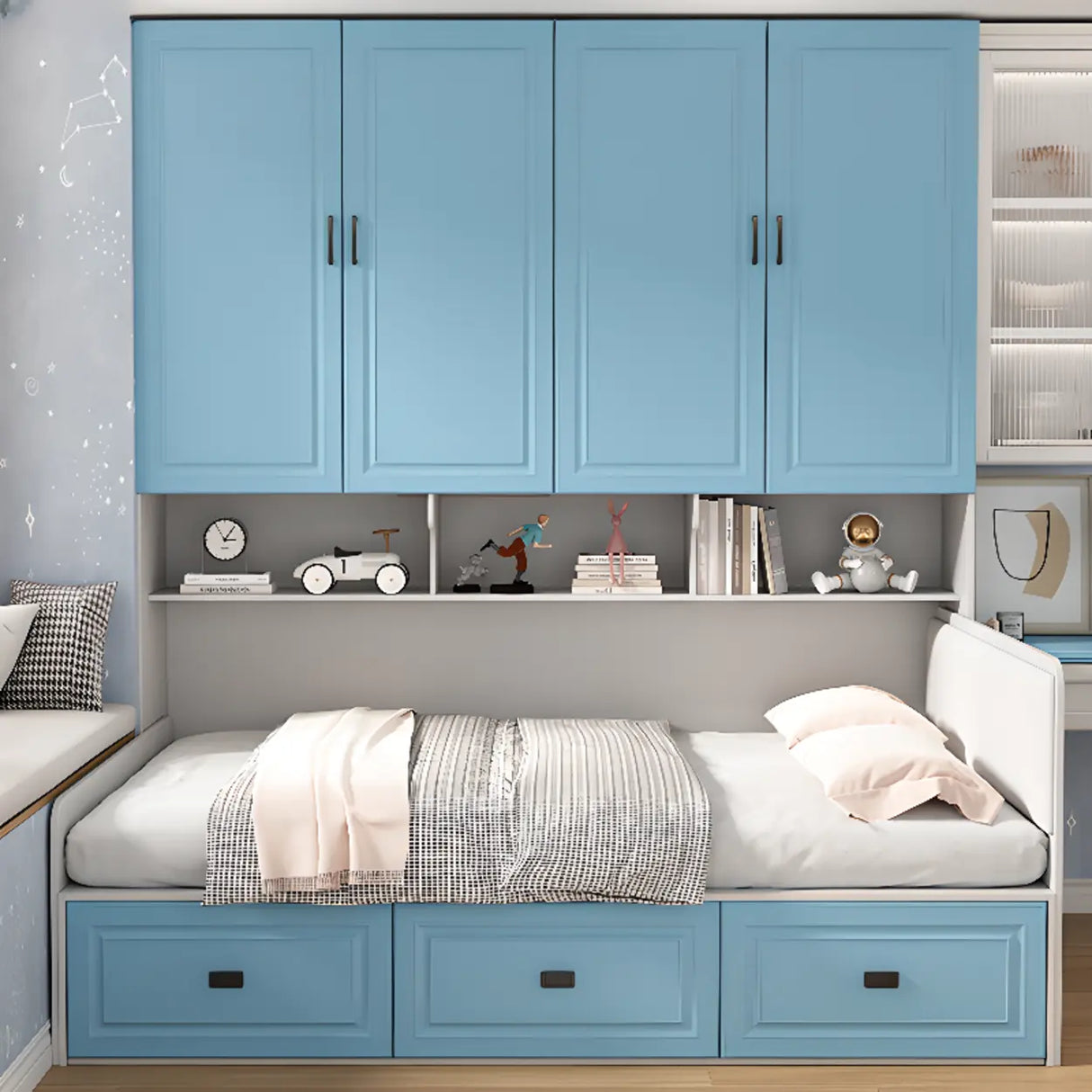 Blue Twin Storage Wood Storage Bed with Bookcase and Drawers Image - 4
