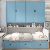 Blue Twin Storage Wood Storage Bed with Bookcase and Drawers Image - 4