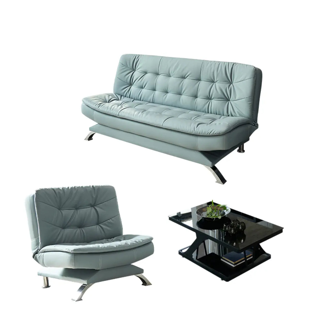 Blue Upholstered Back Wood Frame Armless Sofa with Legs Image - 11