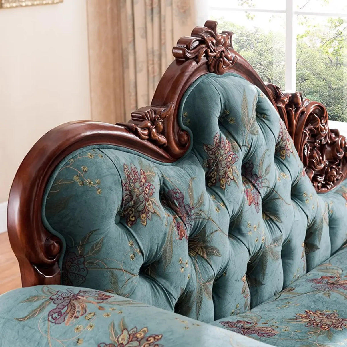 Blue Vintage Carved Upholstered Reclining Chaise Lounge Image - 6