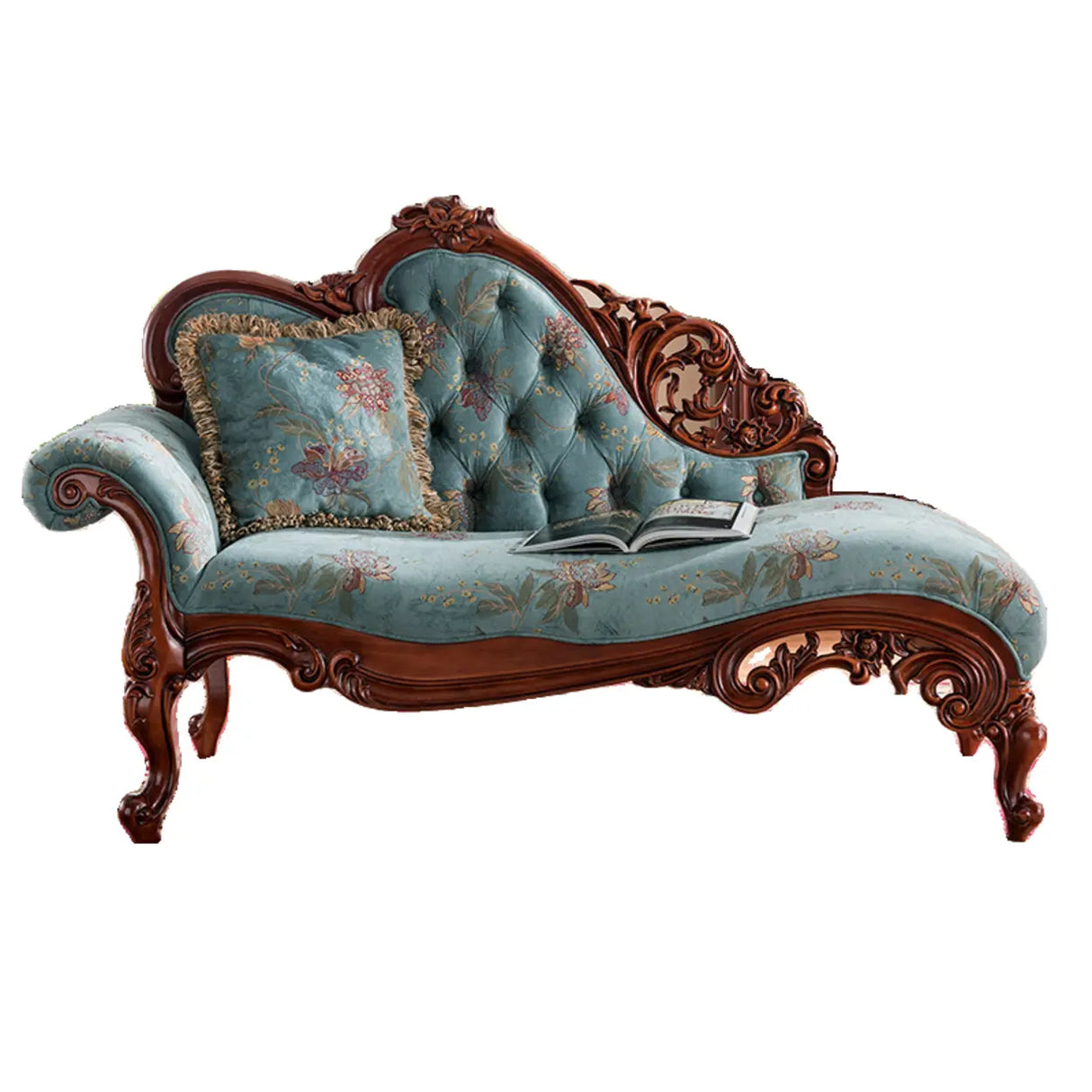Blue Vintage Carved Upholstered Reclining Chaise Lounge Image - 7