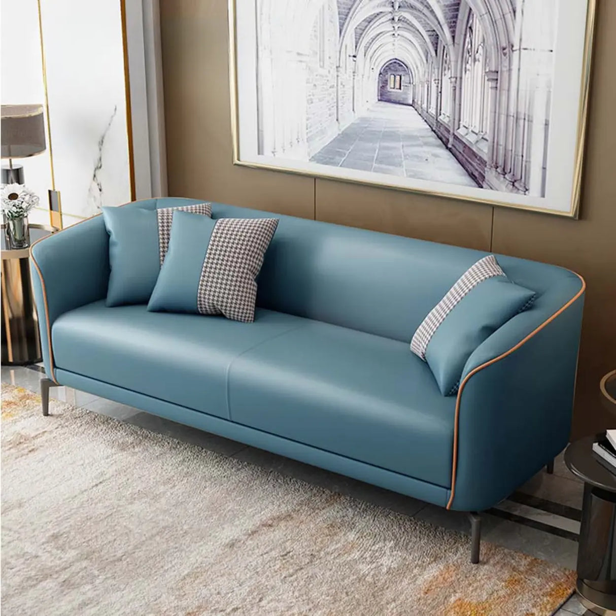 Blue Water Resistant Leather 3 Seats Foam Fill Sofa Image - 1