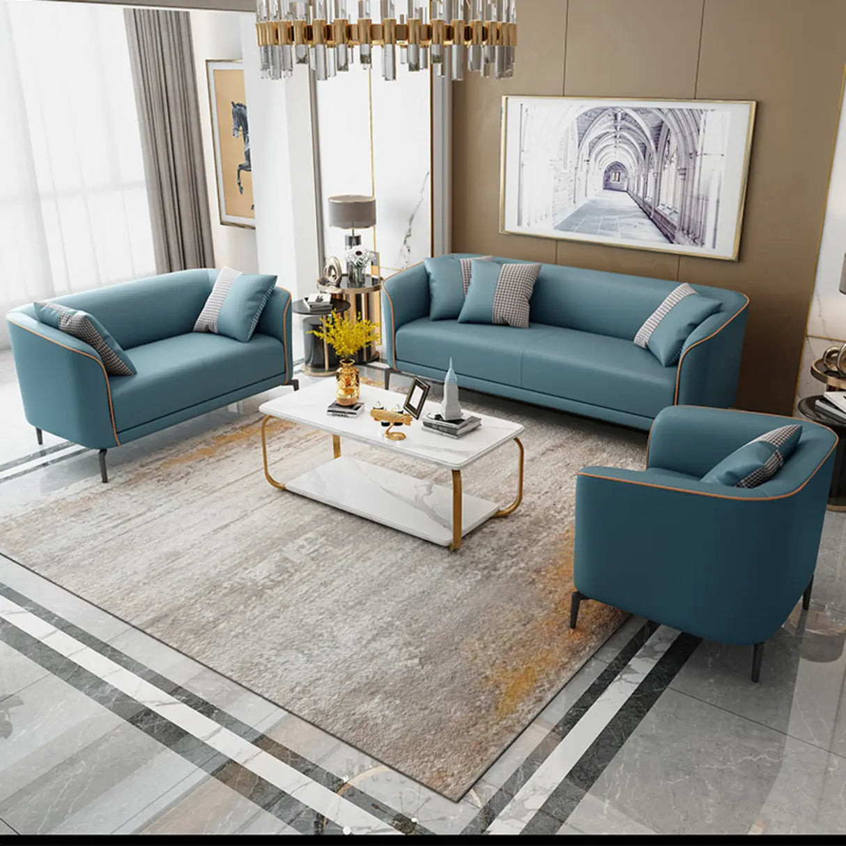 Blue Water Resistant Leather 3 Seats Foam Fill Sofa Image - 3