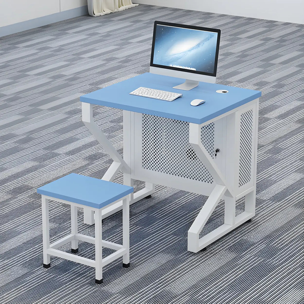 Blue Wood Square Cable Management Sled Computer Desk – Homebaa