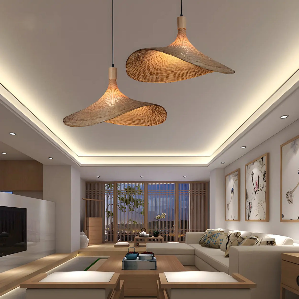 Bohemian Asymmetrical Bamboo Dining Light Beige Medium Single Pendant Image - 3