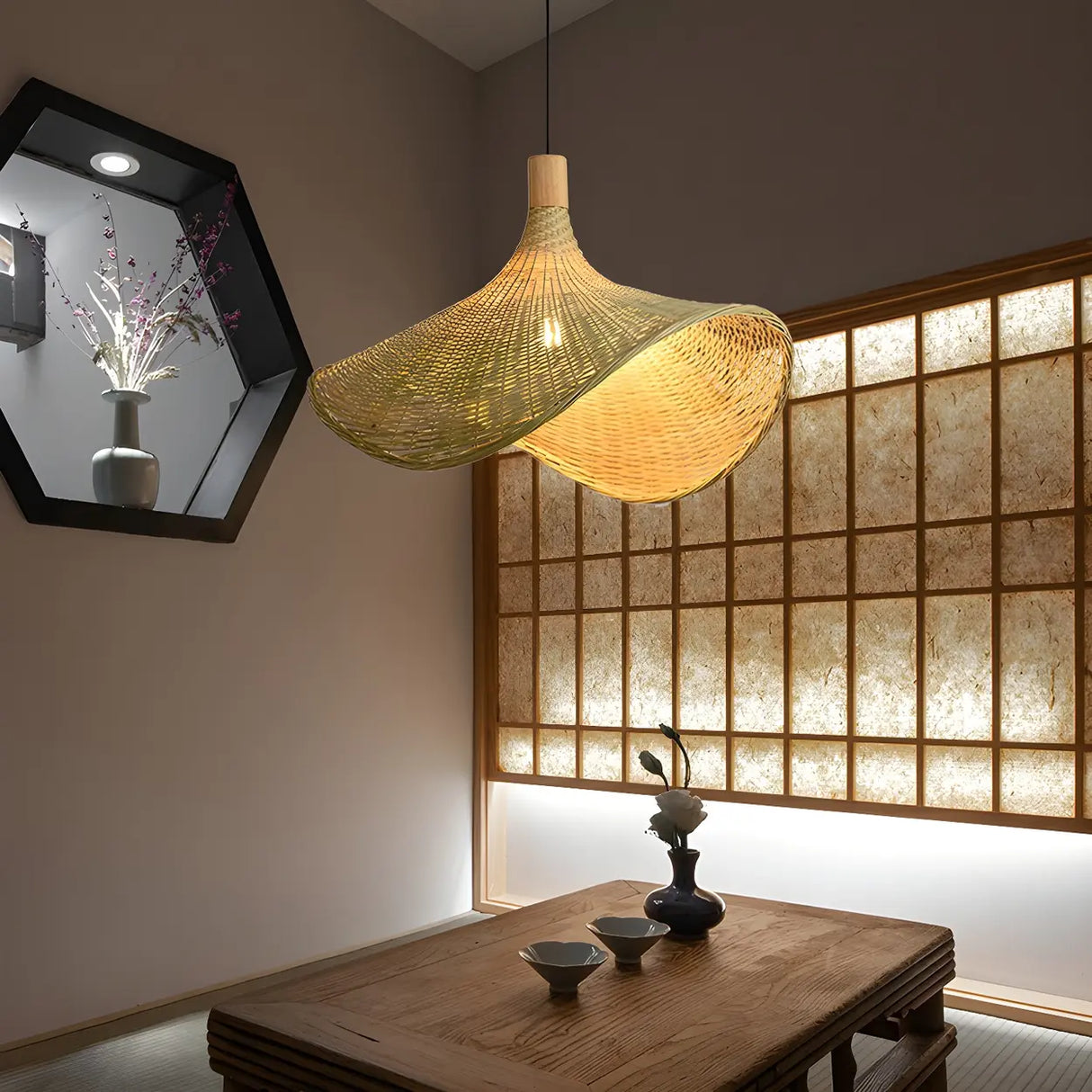 Bohemian Asymmetrical Bamboo Dining Light Beige Medium Single Pendant Image - 5