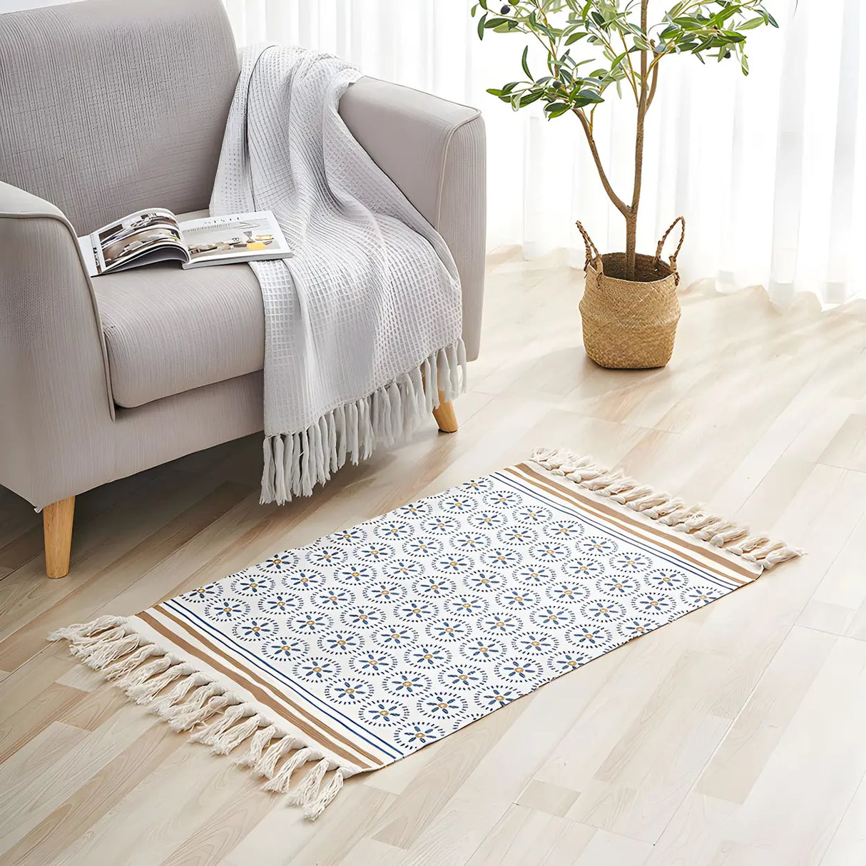 Bohemian Medallion Cotton Rectangle Fringe Area Rug Image - 4