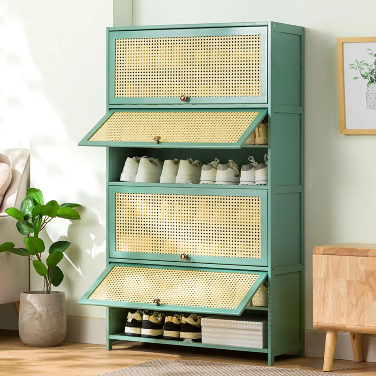 Bohemian Rattan Metal Entryway Green Drop Front Shoe Storage Image - 14