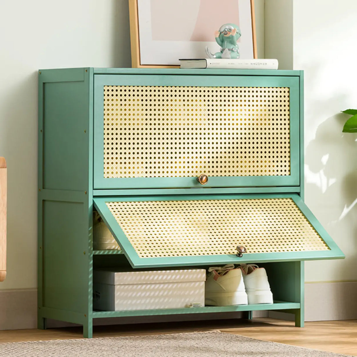 Bohemian Rattan Metal Entryway Green Drop Front Shoe Storage Image - 18