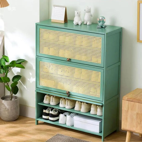 Bohemian Rattan Metal Entryway Green Drop Front Shoe Storage Image - 1