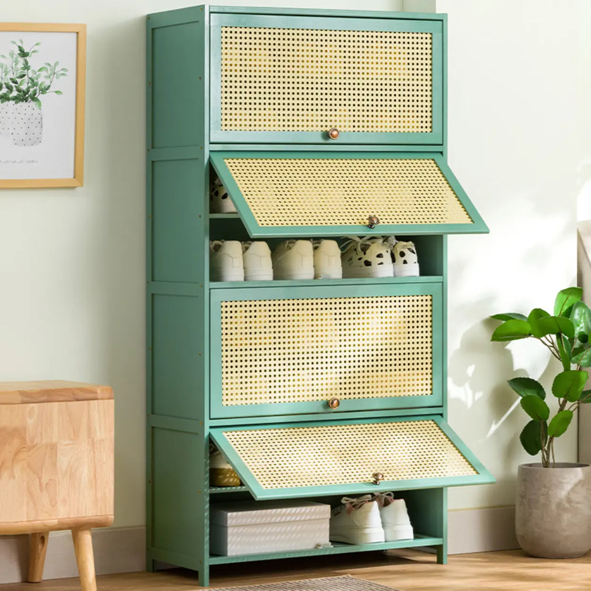 Bohemian Rattan Metal Entryway Green Drop Front Shoe Storage Image - 21