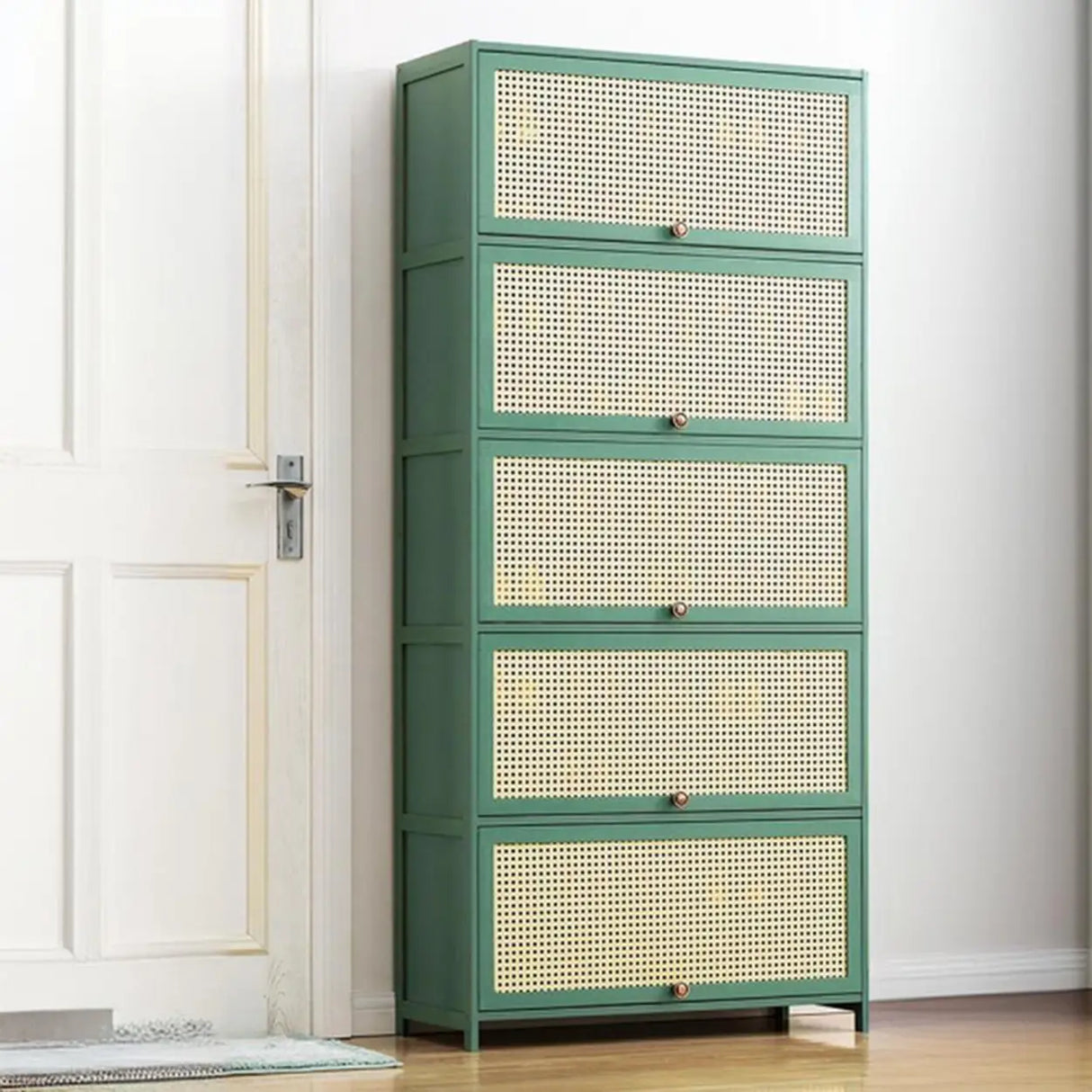 Bohemian Rattan Metal Entryway Green Drop Front Shoe Storage Image - 3