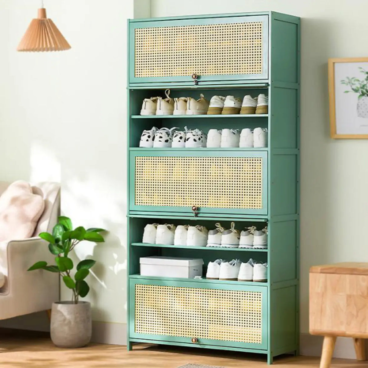 Bohemian Rattan Metal Entryway Green Drop Front Shoe Storage Image - 6