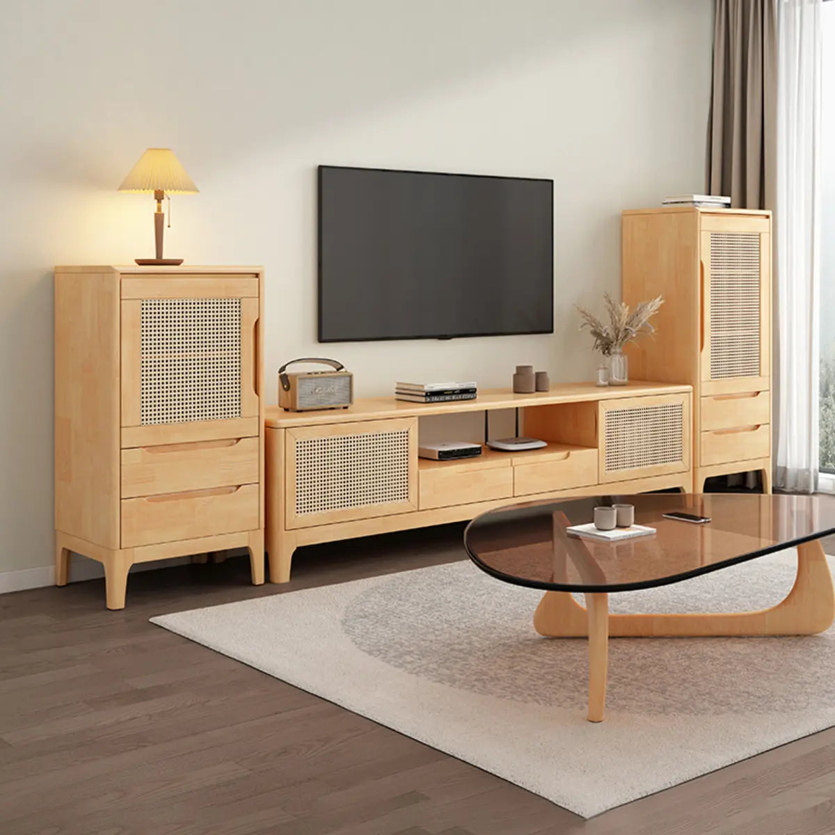 Bohemian Wood Rectangle Open Storage Cabinet TV Stand Image - 6