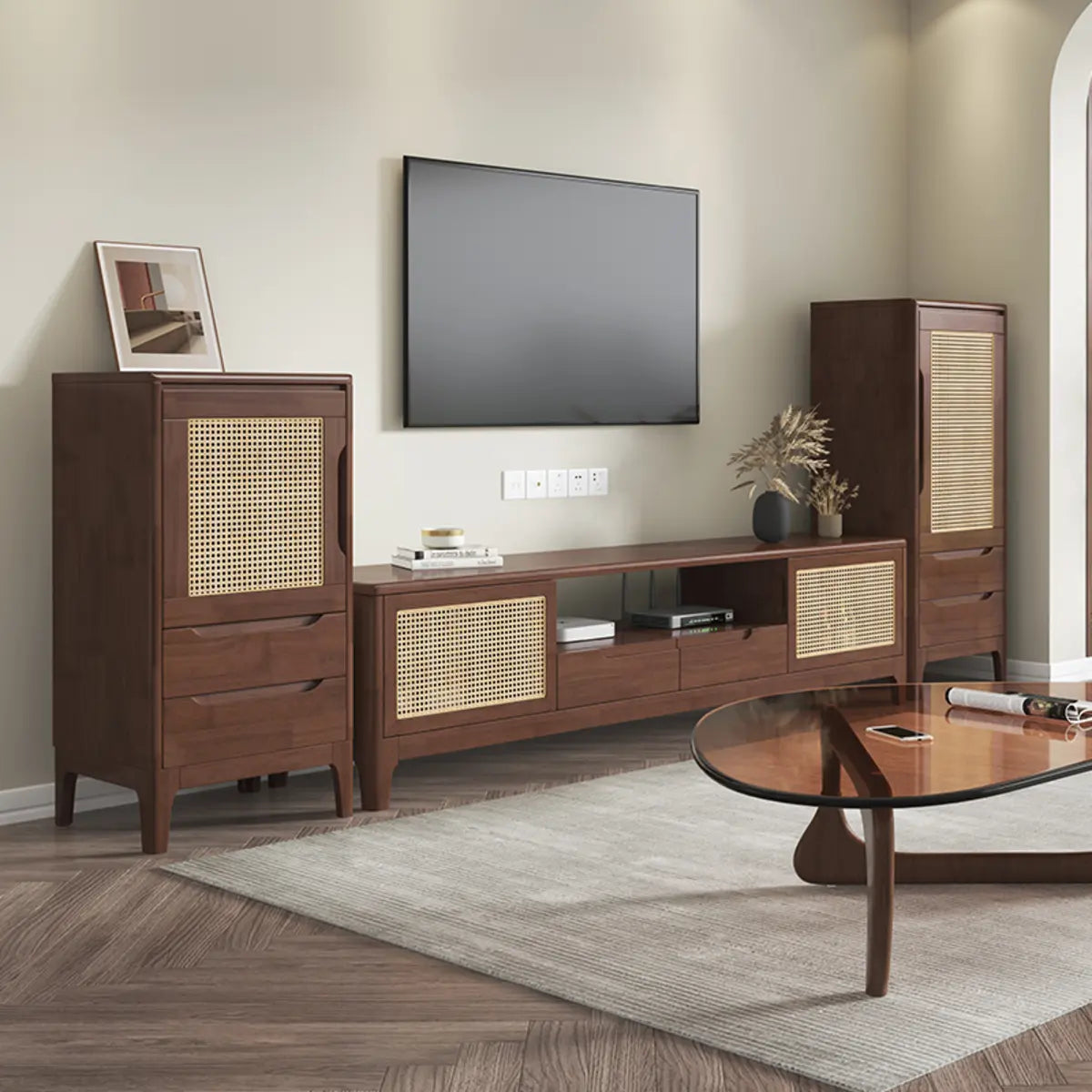 Bohemian Wood Rectangle Open Storage Cabinet TV Stand Image - 8
