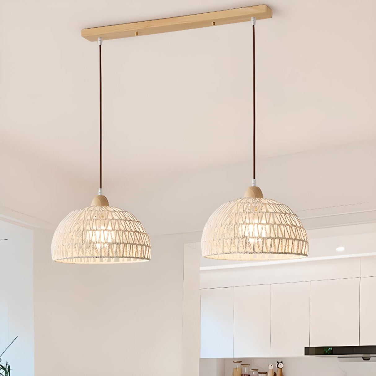 Boho Bowl Wood LED Kitchen Island Pendant Lights Image - 1
