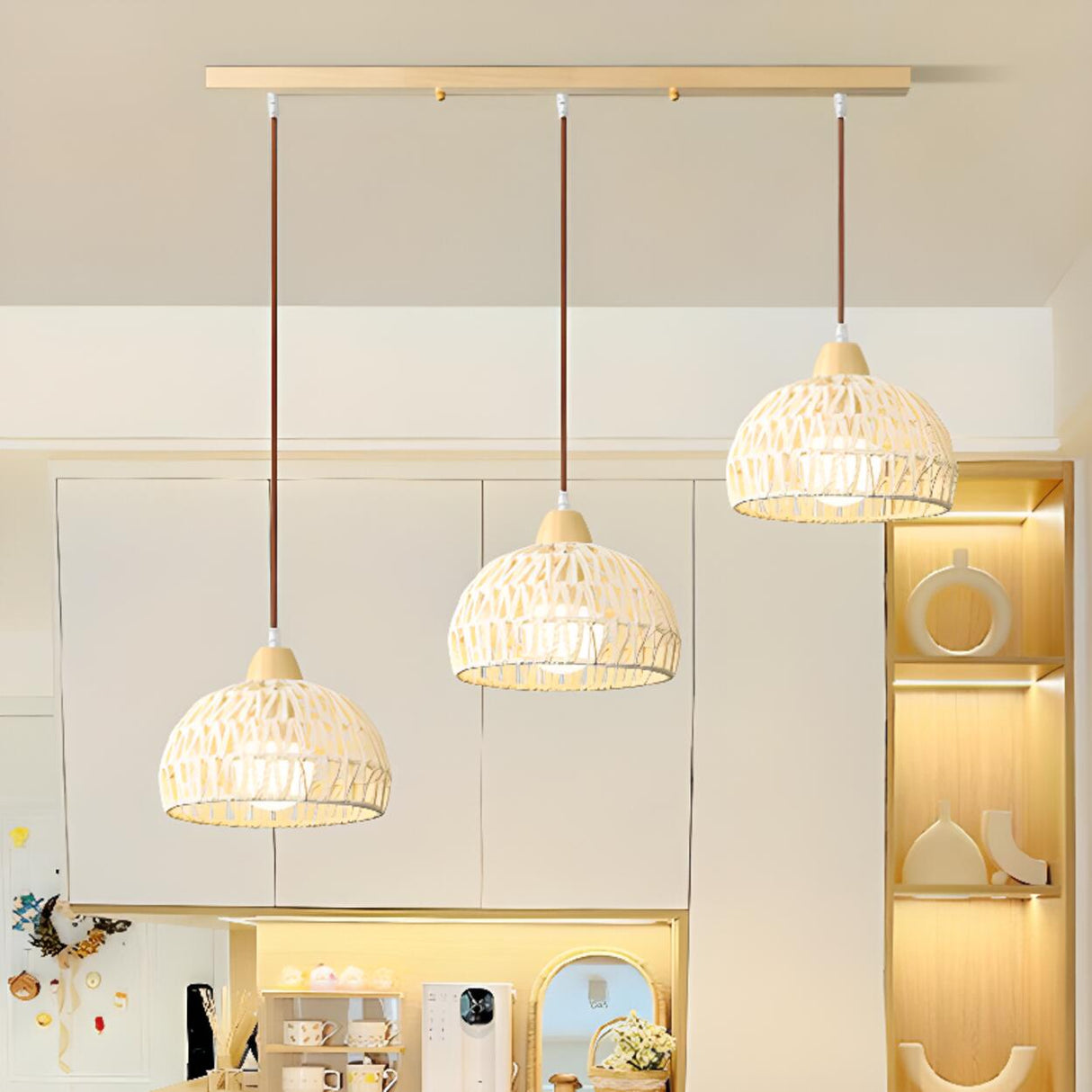 Boho Bowl Wood LED Kitchen Island Pendant Lights Image - 4