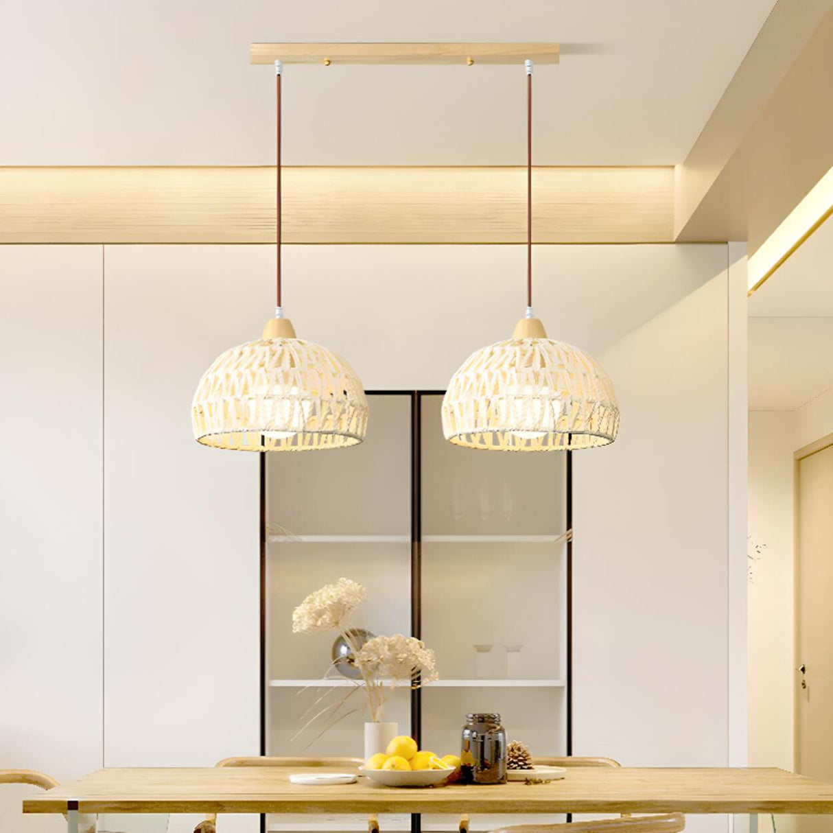 Boho Bowl Wood LED Kitchen Island Pendant Lights Image - 5