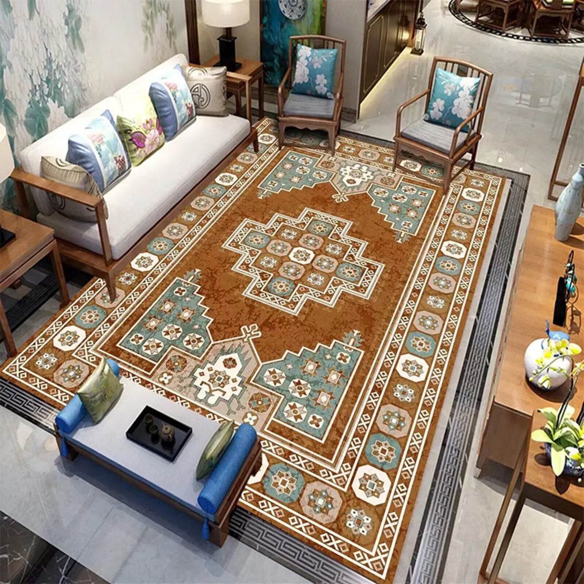 Boho-Chic Geometric Pattern Synthetic Red Area Rug Image - 9