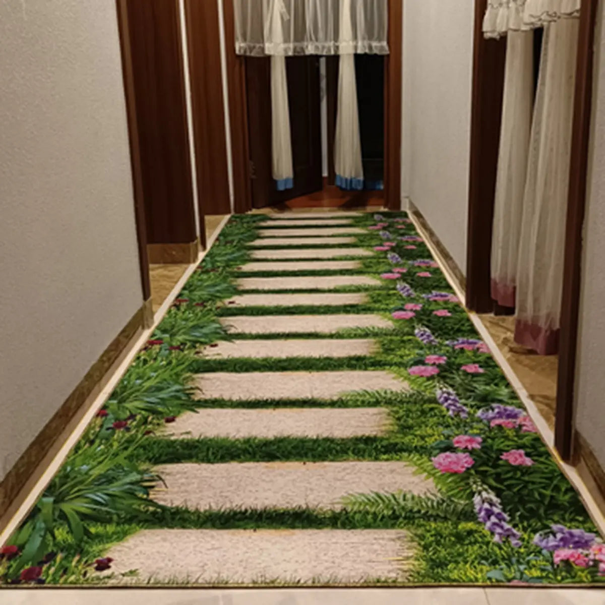 Botanical Rectangular Fabric Green Hallway Area Rug Image - 1