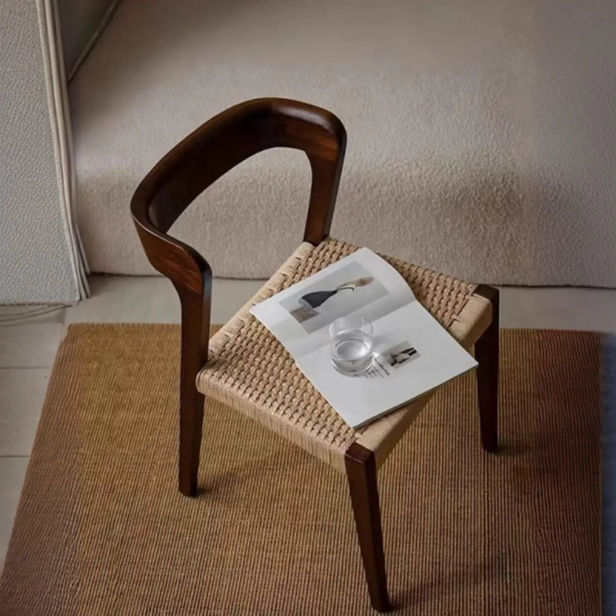 Braided Rope Seat Curved Open Back Wood Dining Chair Image - 8