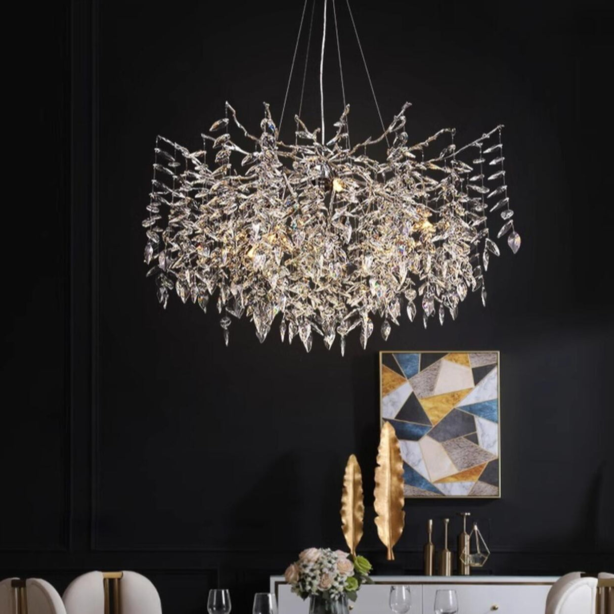 Branch Cascading Crystal Leaves Luxury Gold Chandelier Image - 3