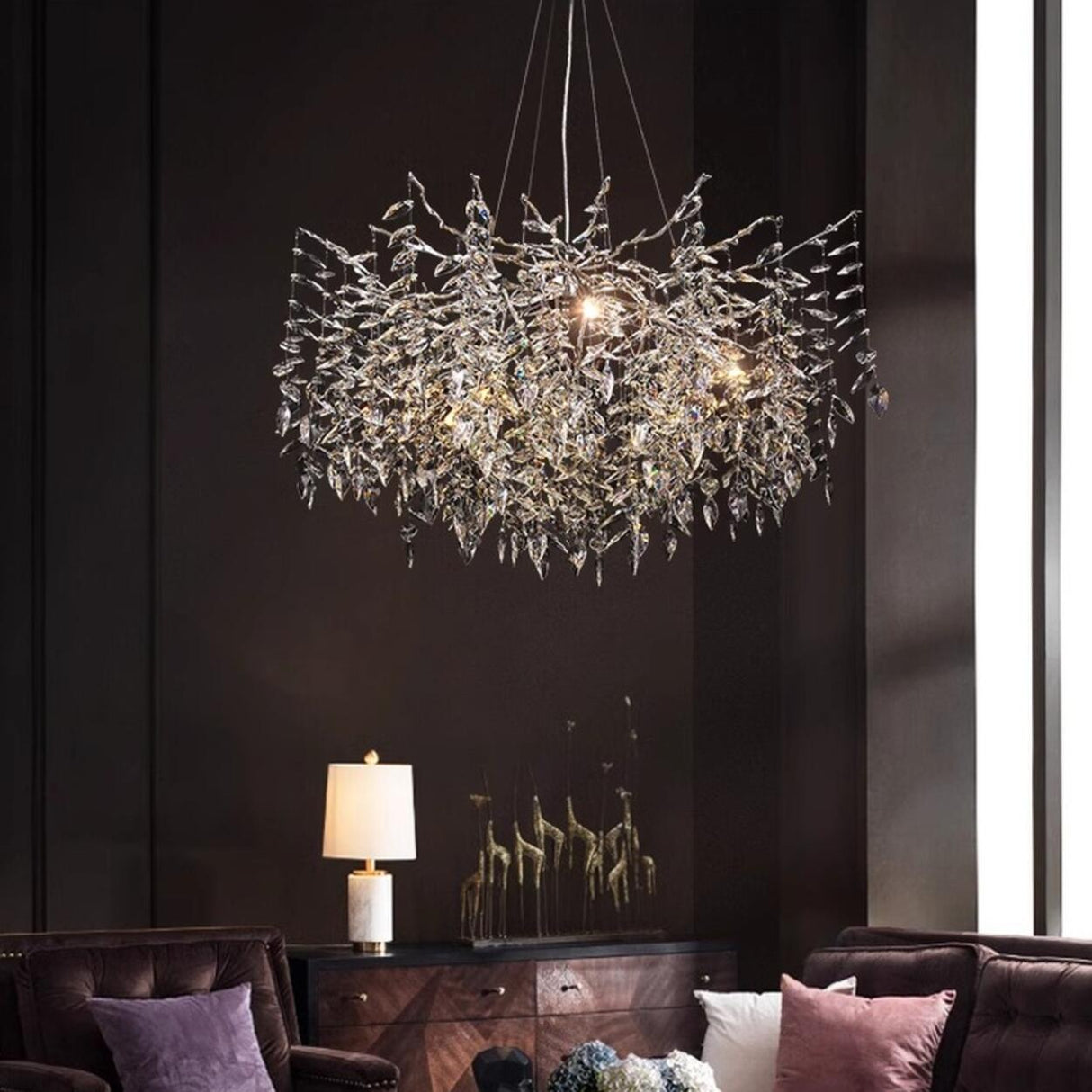 Branch Cascading Crystal Leaves Luxury Gold Chandelier Image - 4