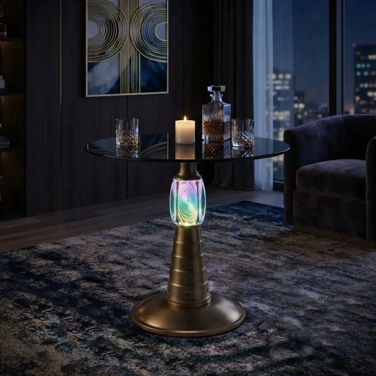 Brass Glass Round Side Table with LED Bluetooth Speaker Image - 1