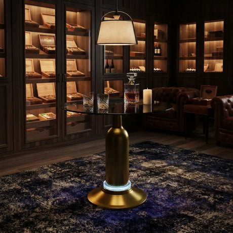 Brass Glass Round Side Table with LED Bluetooth Speaker Image - 2