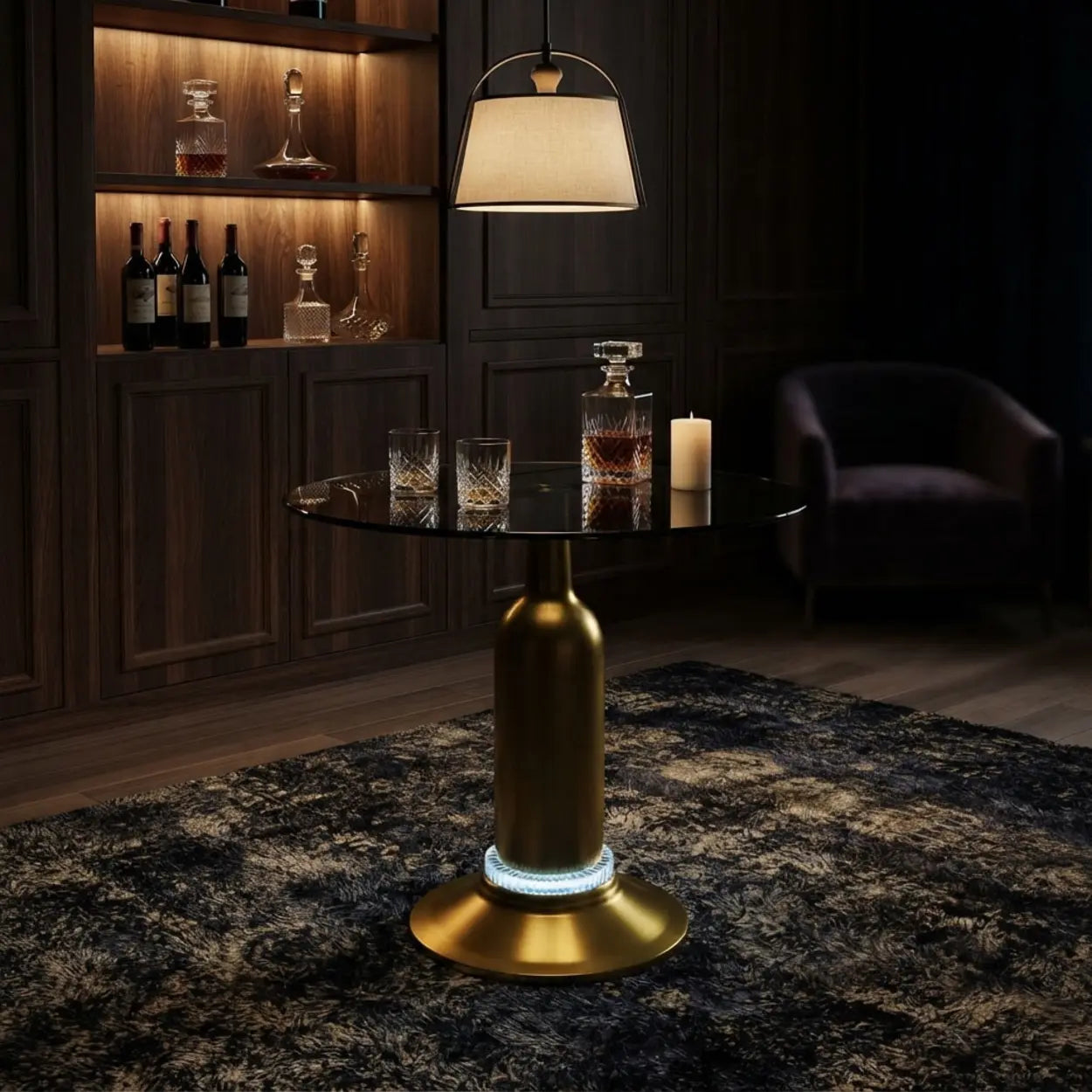 Brass Glass Round Side Table with LED Bluetooth Speaker Image - 4