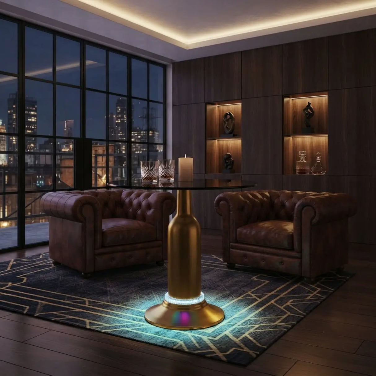 Brass Glass Round Side Table with LED Bluetooth Speaker Image - 7