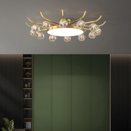 Brass Multi Ball Crystal Semi-Flush Mount Lamp 13-Lamp Image - 1