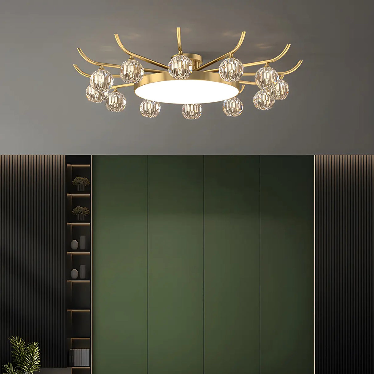 Brass Multi Ball Crystal Semi-Flush Mount Lamp 13-Lamp Image - 1