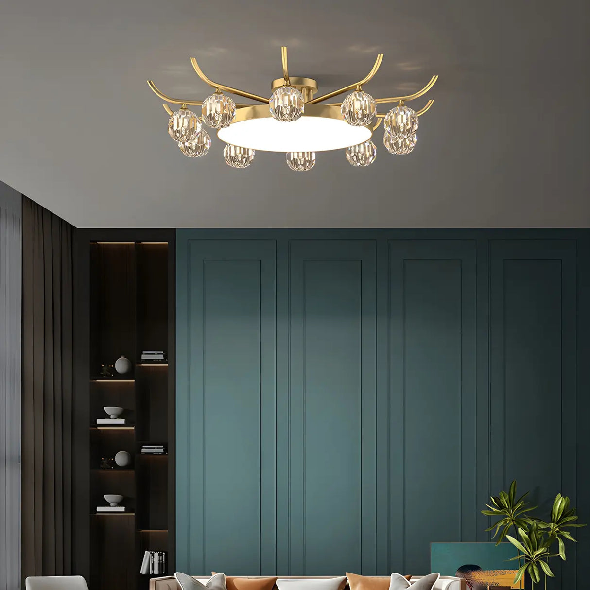 Brass Multi Ball Crystal Semi-Flush Mount Lamp 13-Lamp Image - 14