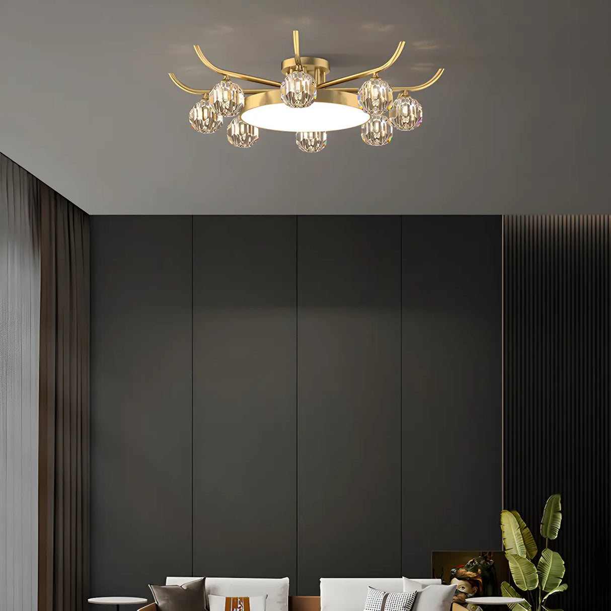 Brass Multi Ball Crystal Semi-Flush Mount Lamp 13-Lamp Image - 6