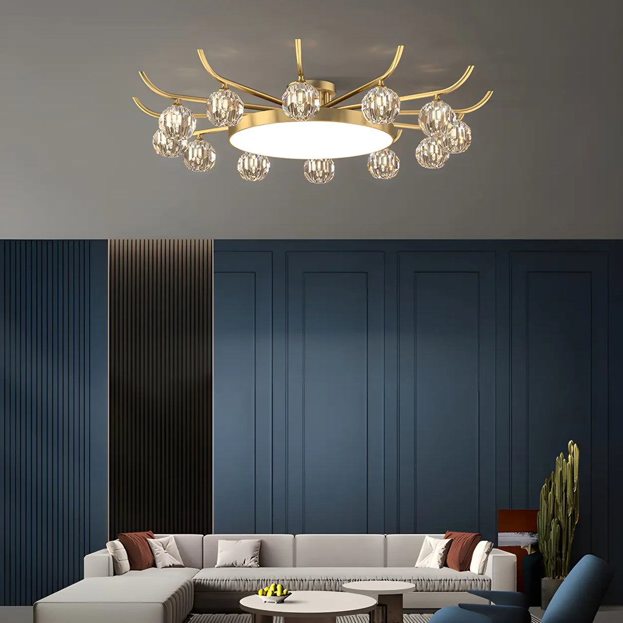 Brass Multi Ball Crystal Semi-Flush Mount Lamp 13-Lamp Image - 8