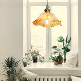 Brass Vintage Amber Glass Flower Pendant Light Image - 3