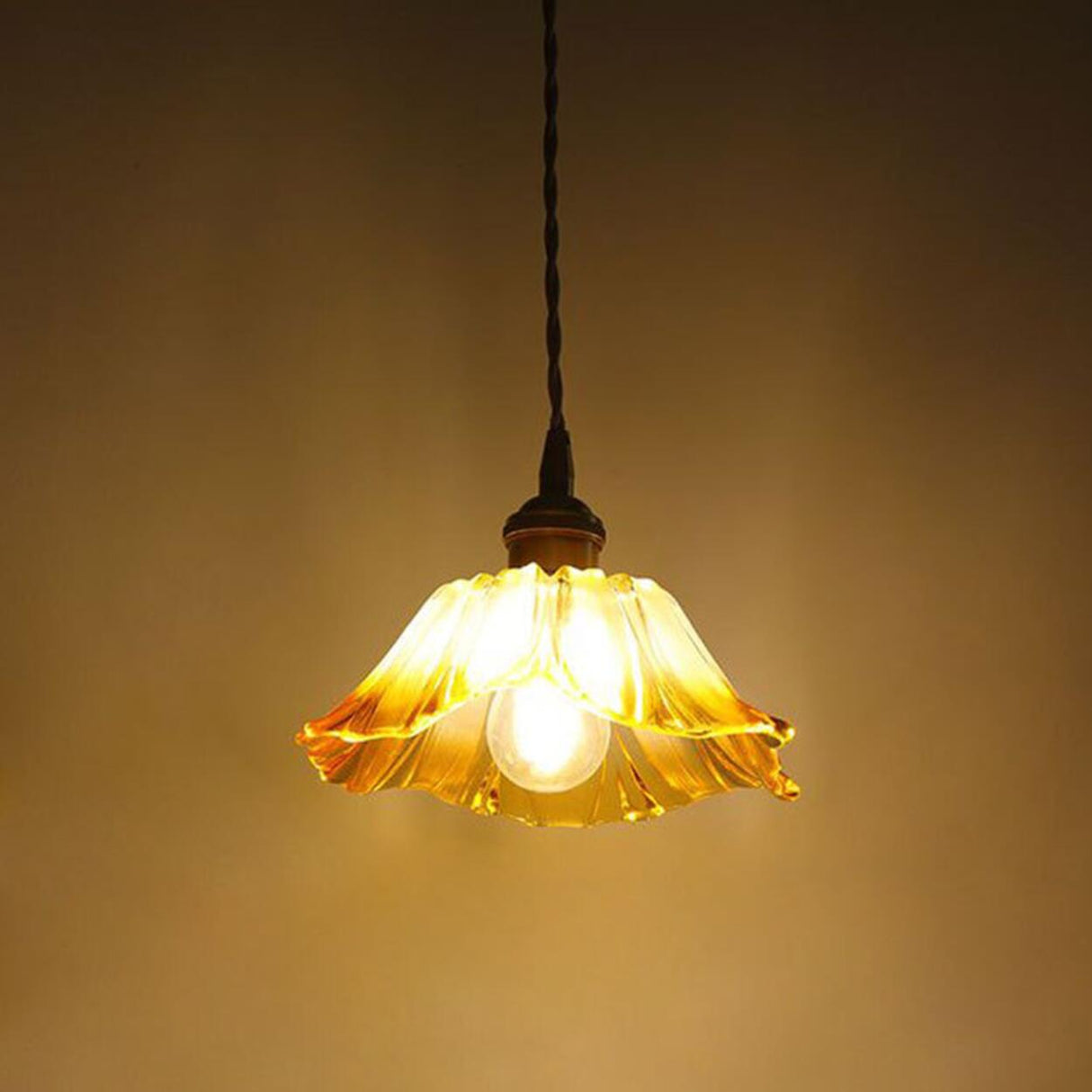 Brass Vintage Amber Glass Flower Pendant Light Image - 4