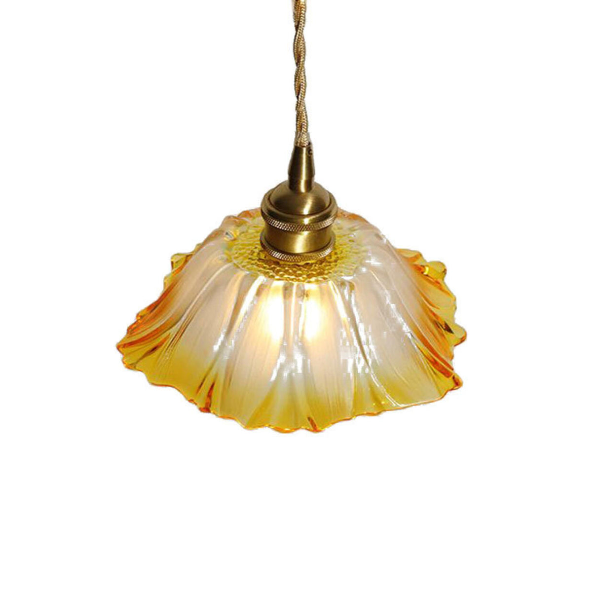 Brass Vintage Amber Glass Flower Pendant Light Image - 5