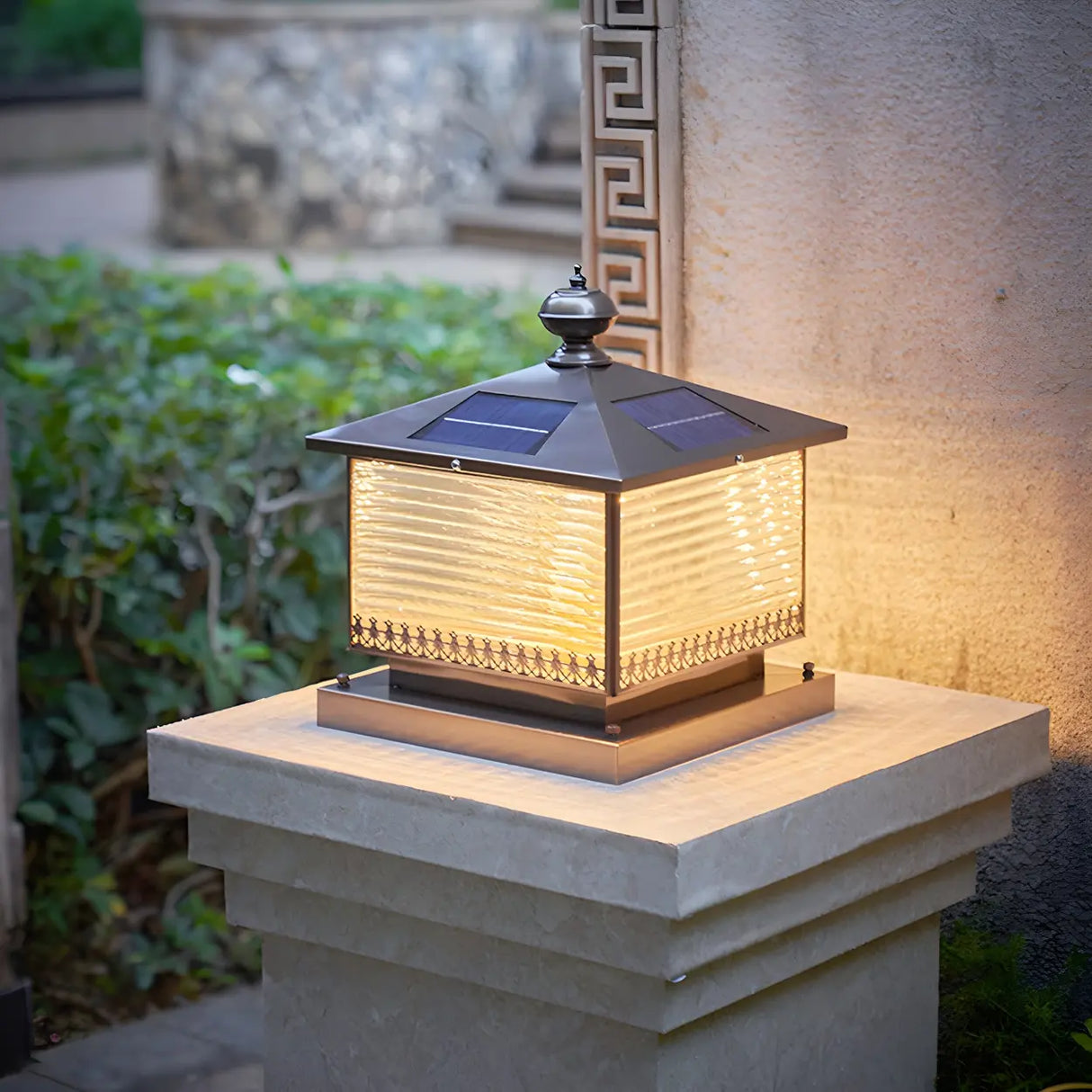 Bronze Finish Vintage Square Glass Patio Outdoor Lamp Image - 11