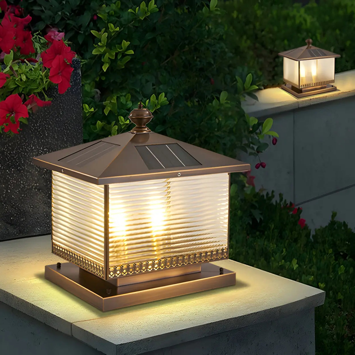 Bronze Finish Vintage Square Glass Patio Outdoor Lamp Image - 12