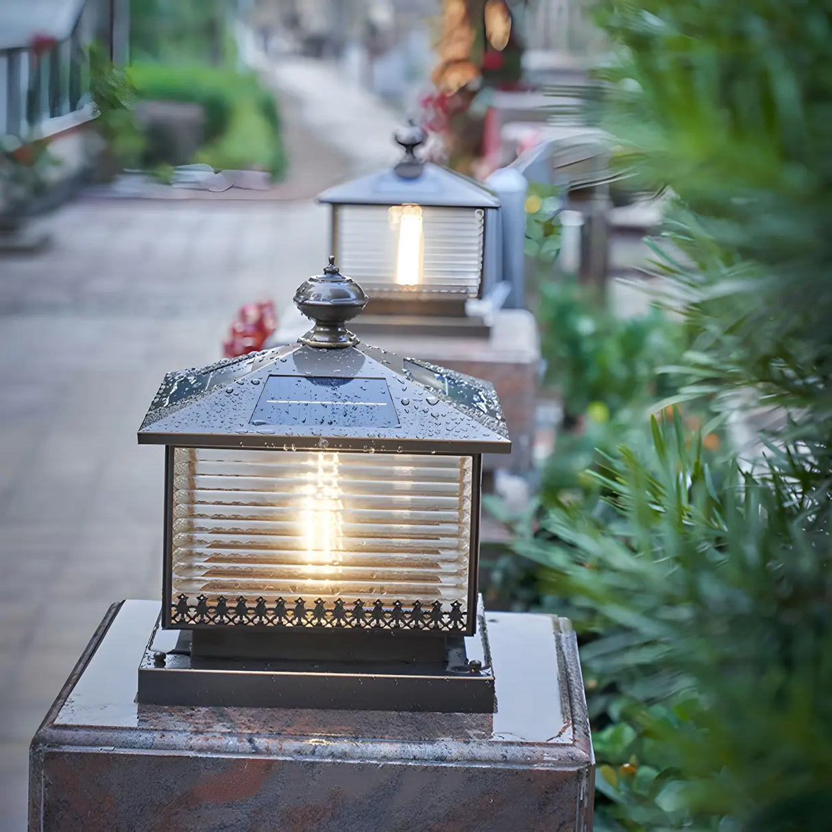 Bronze Finish Vintage Square Glass Patio Outdoor Lamp Image - 6