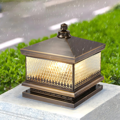 Bronze Vintage Square Glass Metal Outdoor Post Lamp Image - 1