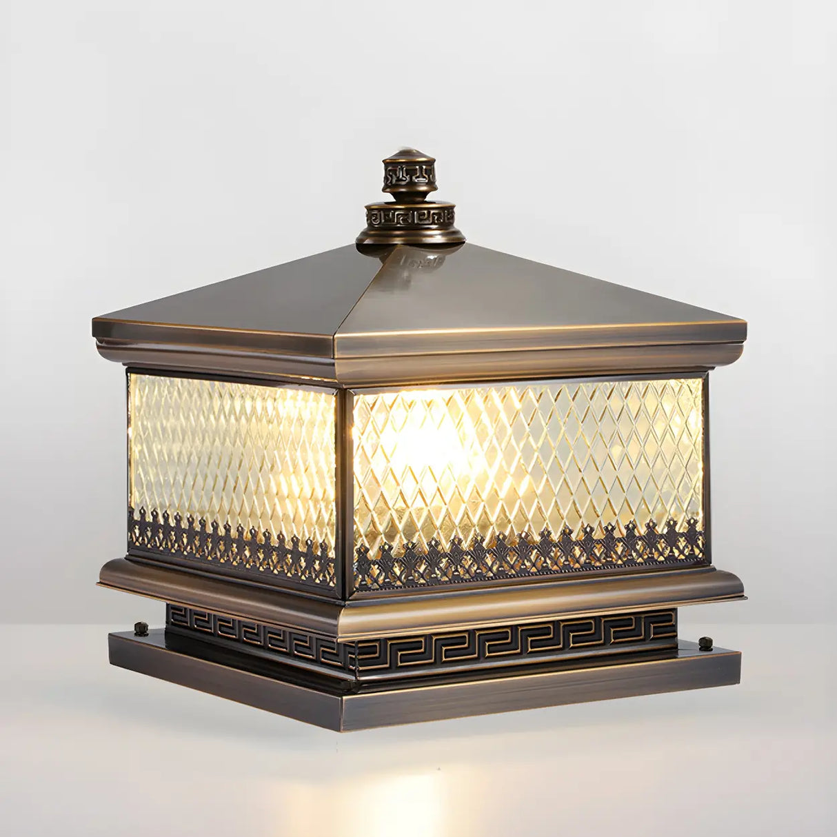 Bronze Vintage Square Glass Metal Outdoor Post Lamp Image - 2