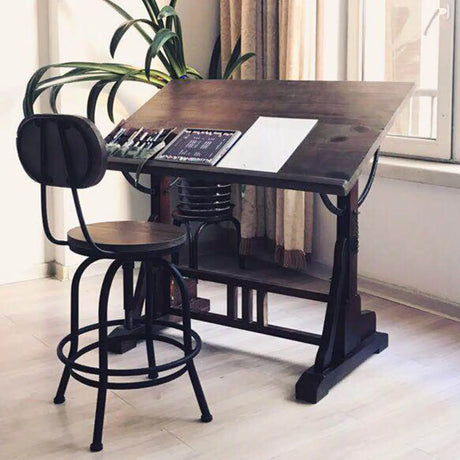 Brown Adjustable Wooden Drafting Table with Storage Image - 1